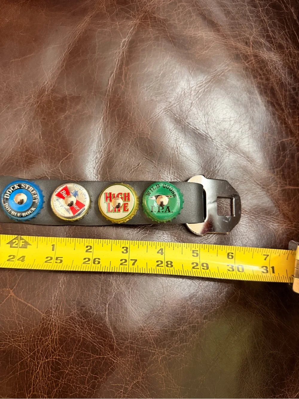 Women’s Black Leather Belt with Multicolor Beer Bottle Cap Embellishments
